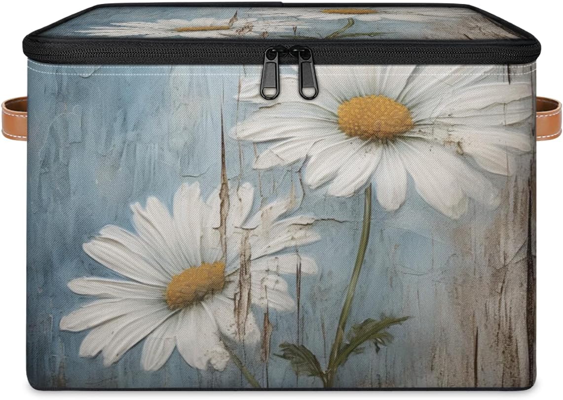 Floral Storage Box with Daisy Print — Fabric Organizer with Zipper Lid & Side Handles, Large Capacity