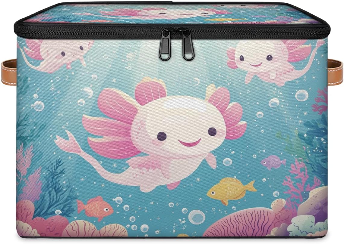Cartoon Axolotl Storage Box | Foldable Fabric Organizer with Lid and Handles | Kids Toy, Book, Clothes, and Towel Bin