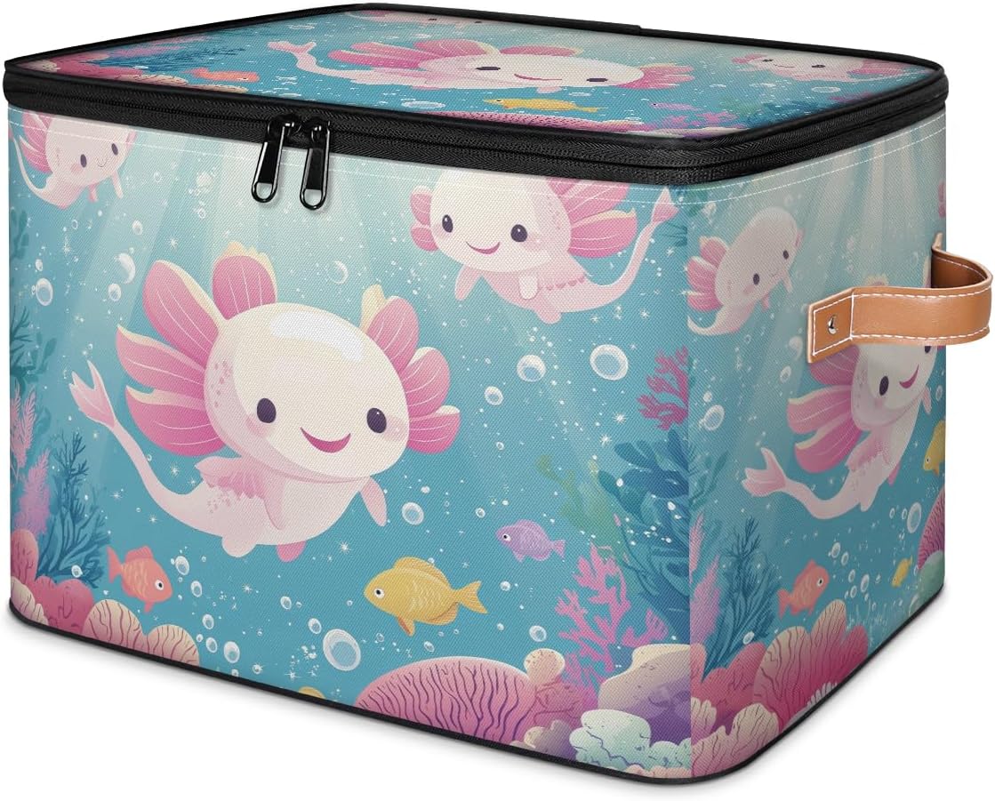 Cartoon Axolotl Storage Box | Foldable Fabric Organizer with Lid and Handles | Kids Toy, Book, Clothes, and Towel Bin