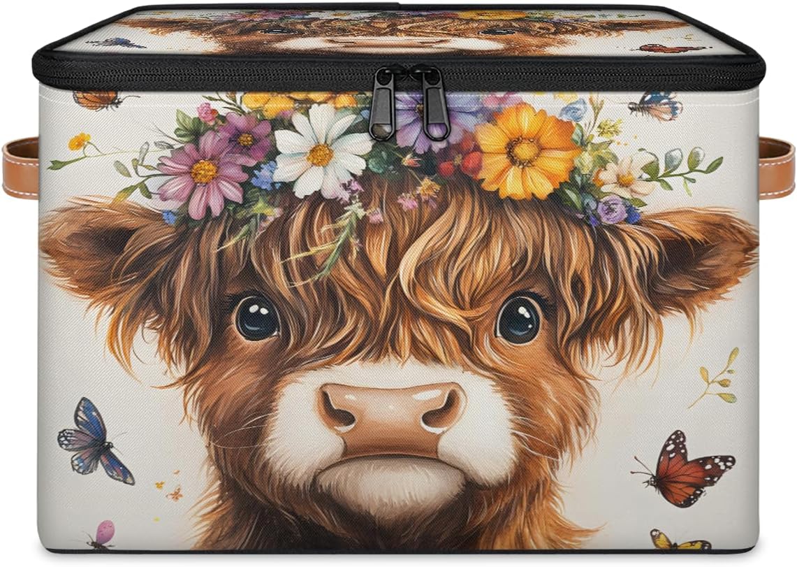 Cute Highland Cow Storage Box | Multi-Purpose Organizer with Zipper Lid & Side Handles | Storage Bin for Toys, Books, Clothes