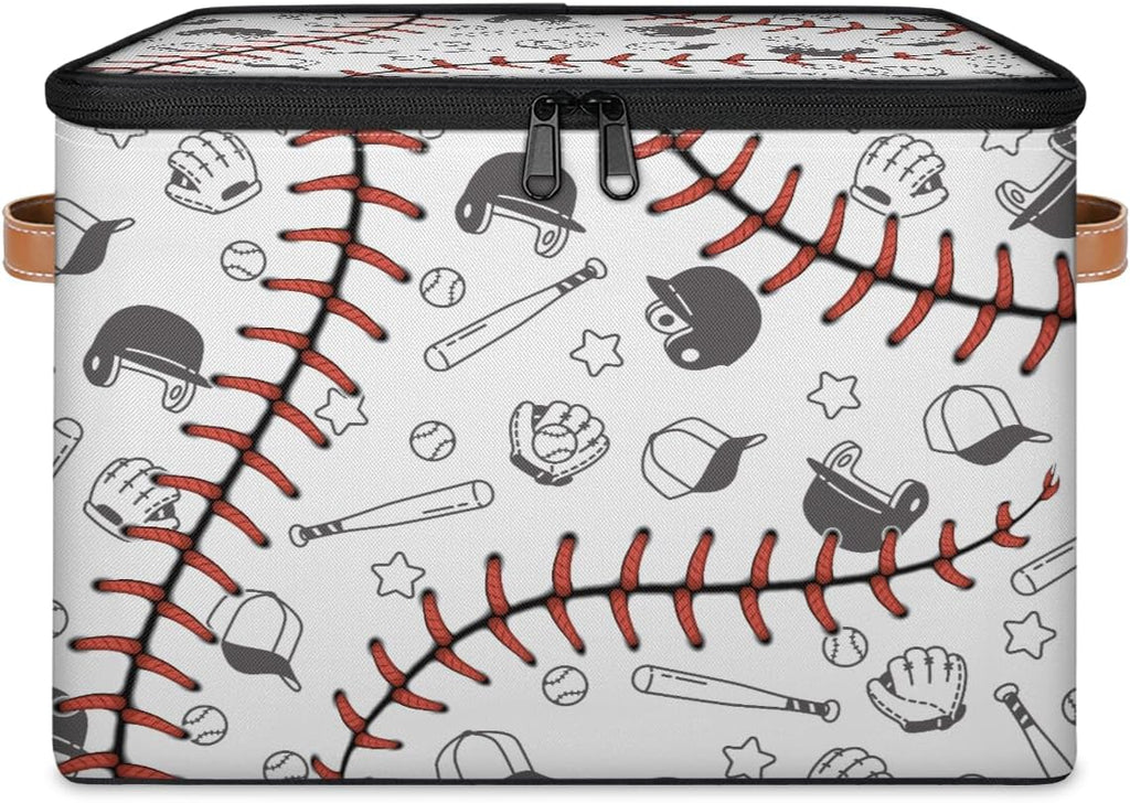 Baseball Print Storage Box | Large Fabric Foldable Organizer Bin with Zipper Lid and Handles | Toy, Book, Clothes, and Towel Storage