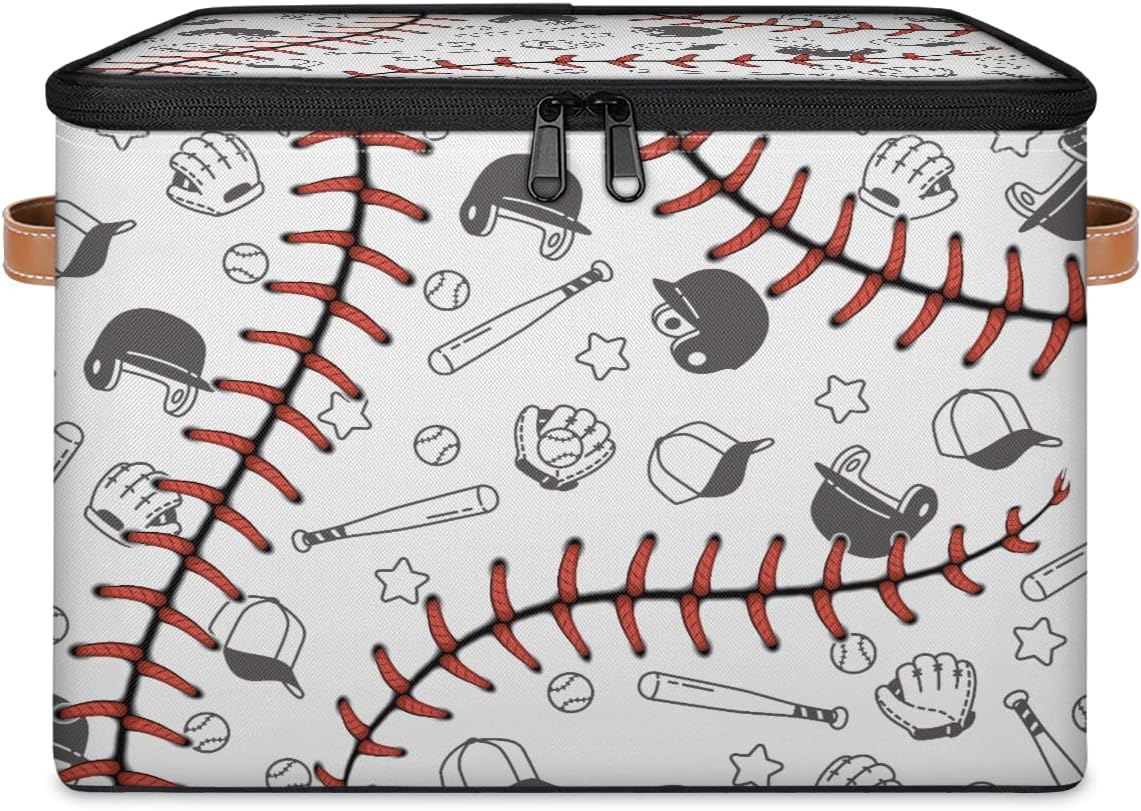 Baseball Print Storage Box | Large Fabric Foldable Organizer Bin with Zipper Lid and Handles | Toy, Book, Clothes, and Towel Storage