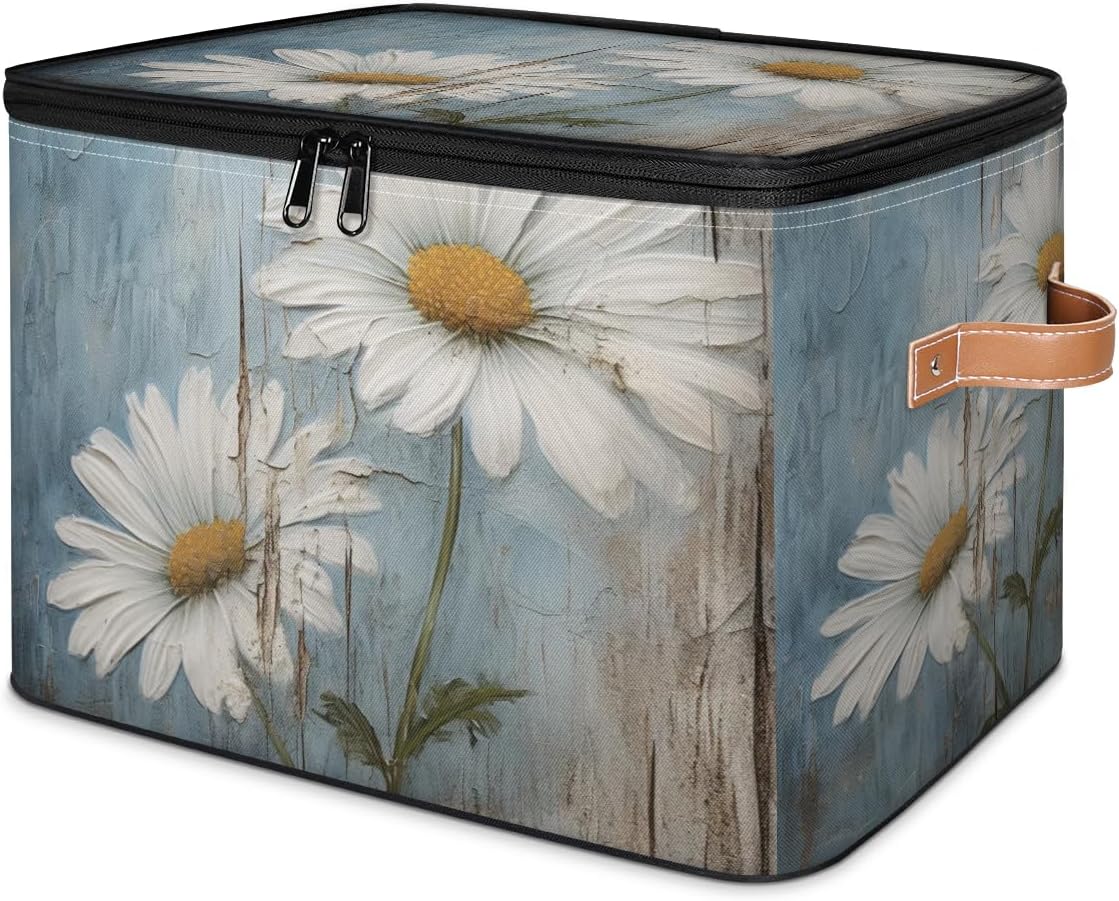 Floral Storage Box with Daisy Print — Fabric Organizer with Zipper Lid & Side Handles, Large Capacity
