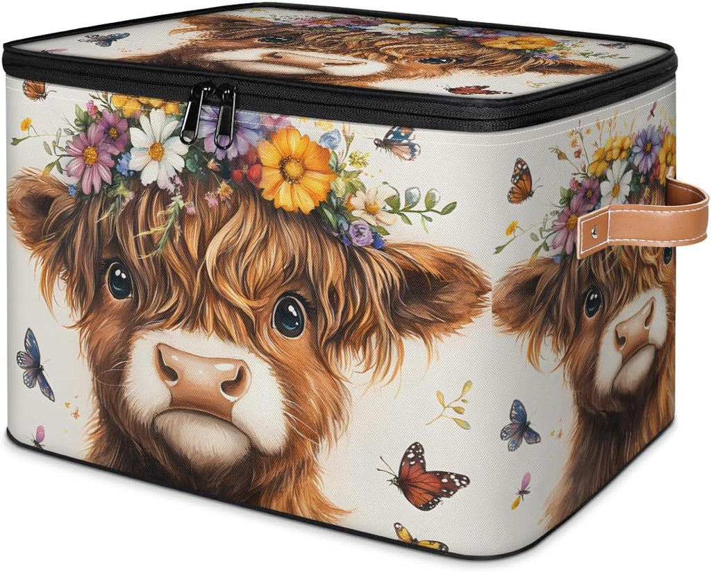 Cute Highland Cow Storage Box | Multi-Purpose Organizer with Zipper Lid & Side Handles | Storage Bin for Toys, Books, Clothes
