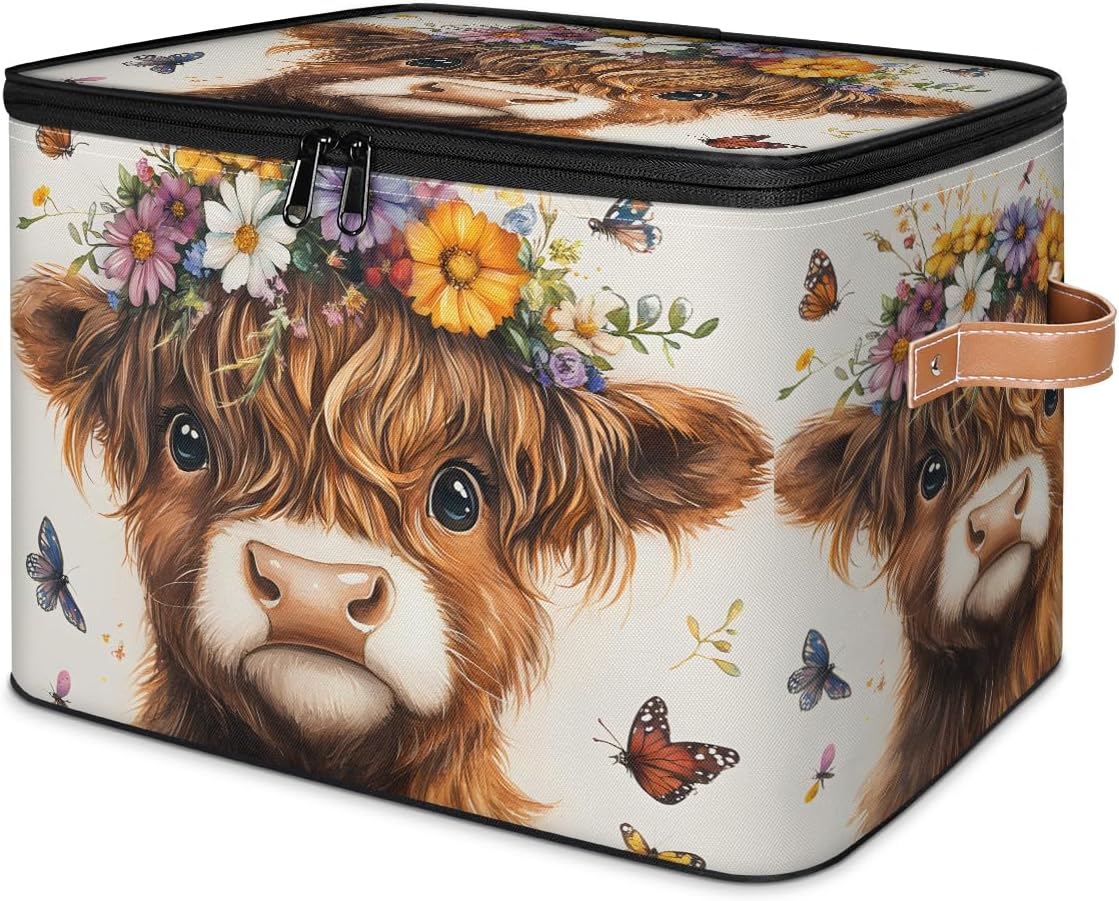 Cute Highland Cow Storage Box | Multi-Purpose Organizer with Zipper Lid & Side Handles | Storage Bin for Toys, Books, Clothes