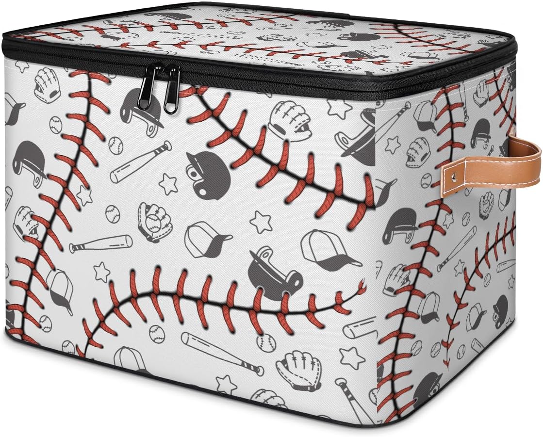 Baseball Print Storage Box | Large Fabric Foldable Organizer Bin with Zipper Lid and Handles | Toy, Book, Clothes, and Towel Storage