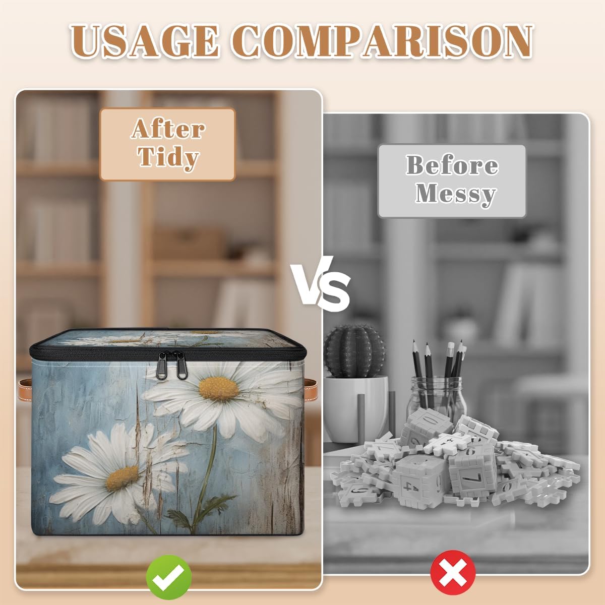 Floral Storage Box with Daisy Print — Fabric Organizer with Zipper Lid & Side Handles, Large Capacity