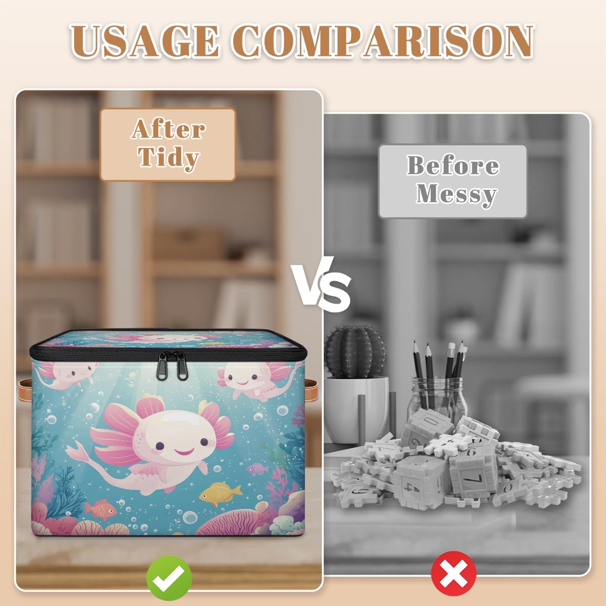 Cartoon Axolotl Storage Box | Foldable Fabric Organizer with Lid and Handles | Kids Toy, Book, Clothes, and Towel Bin