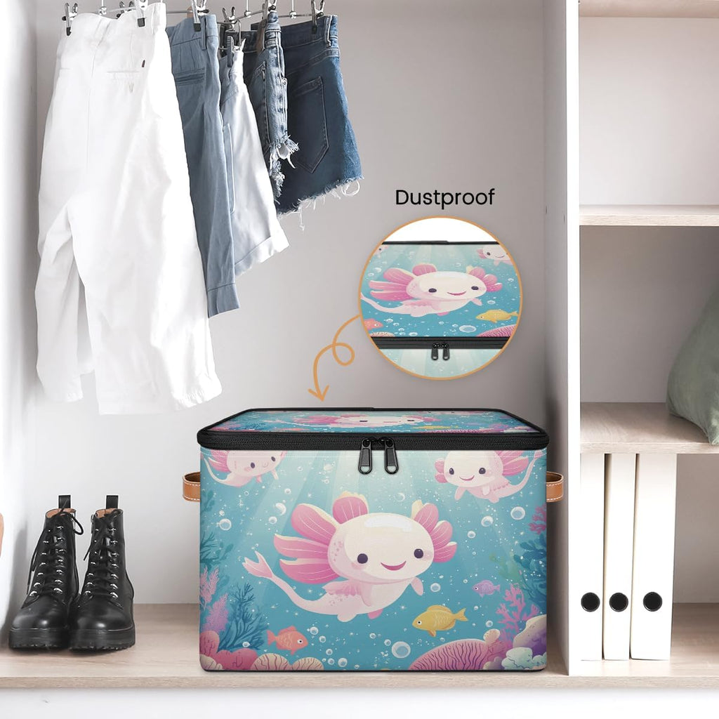 Cartoon Axolotl Storage Box | Foldable Fabric Organizer with Lid and Handles | Kids Toy, Book, Clothes, and Towel Bin