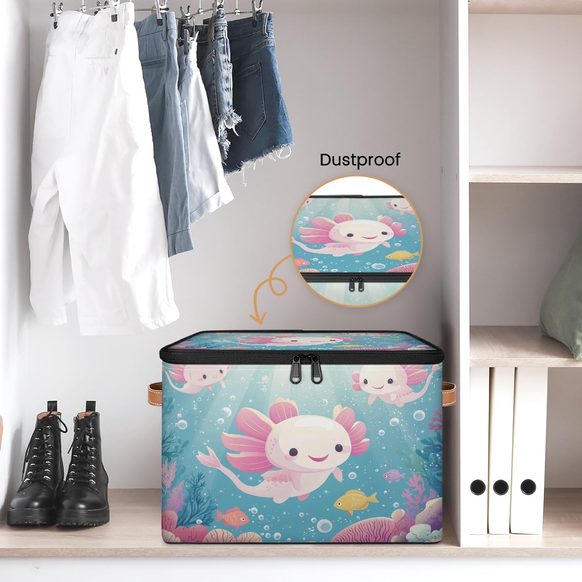 Cartoon Axolotl Storage Box | Foldable Fabric Organizer with Lid and Handles | Kids Toy, Book, Clothes, and Towel Bin