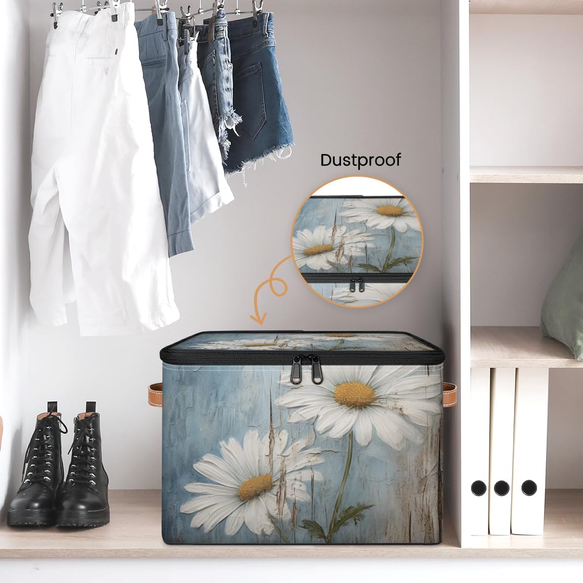 Floral Storage Box with Daisy Print — Fabric Organizer with Zipper Lid & Side Handles, Large Capacity