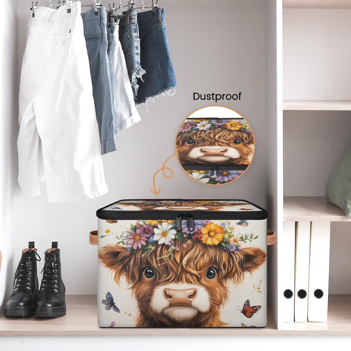 Cute Highland Cow Storage Box | Multi-Purpose Organizer with Zipper Lid & Side Handles | Storage Bin for Toys, Books, Clothes