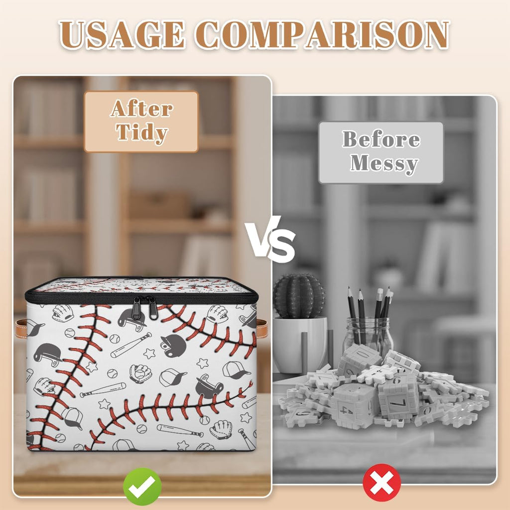 Baseball Print Storage Box | Large Fabric Foldable Organizer Bin with Zipper Lid and Handles | Toy, Book, Clothes, and Towel Storage