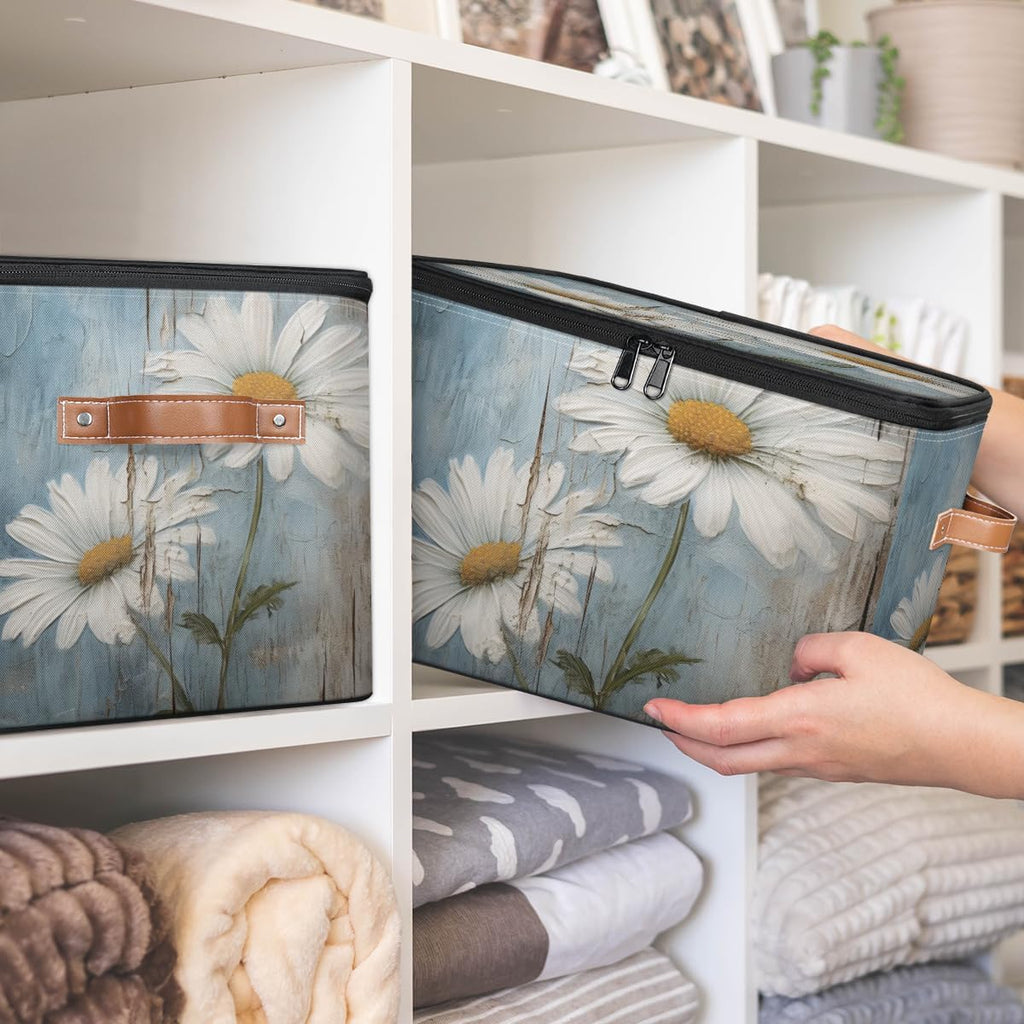 Floral Storage Box with Daisy Print — Fabric Organizer with Zipper Lid & Side Handles, Large Capacity