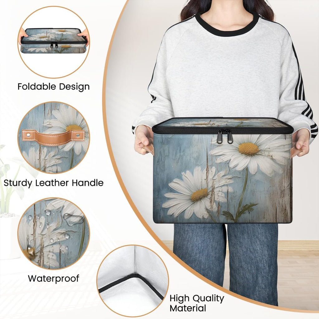 Floral Storage Box with Daisy Print — Fabric Organizer with Zipper Lid & Side Handles, Large Capacity