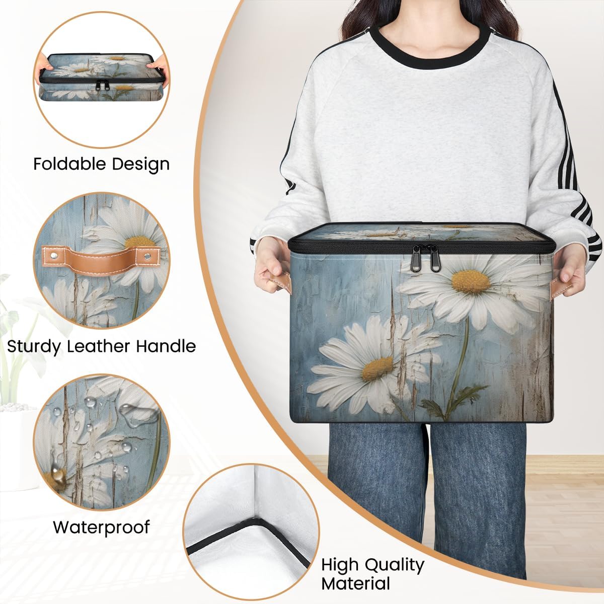 Floral Storage Box with Daisy Print — Fabric Organizer with Zipper Lid & Side Handles, Large Capacity