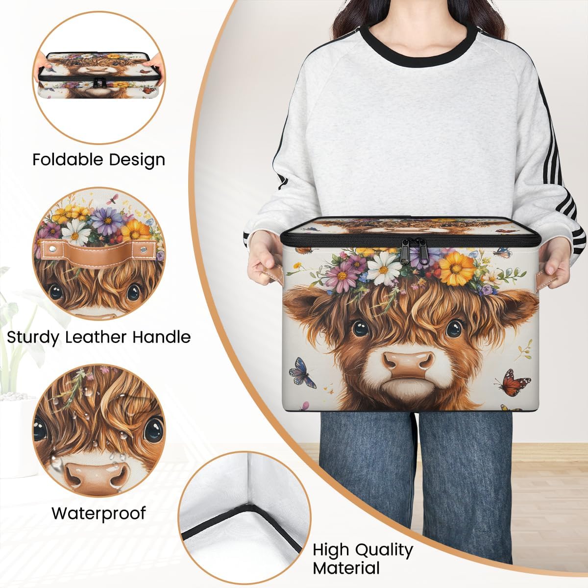 Cute Highland Cow Storage Box | Multi-Purpose Organizer with Zipper Lid & Side Handles | Storage Bin for Toys, Books, Clothes