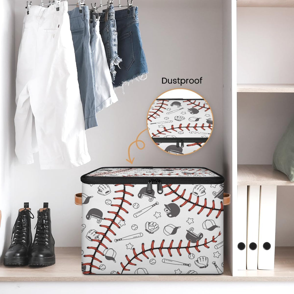 Baseball Print Storage Box | Large Fabric Foldable Organizer Bin with Zipper Lid and Handles | Toy, Book, Clothes, and Towel Storage