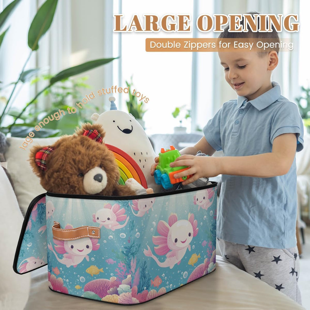 Cartoon Axolotl Storage Box | Foldable Fabric Organizer with Lid and Handles | Kids Toy, Book, Clothes, and Towel Bin
