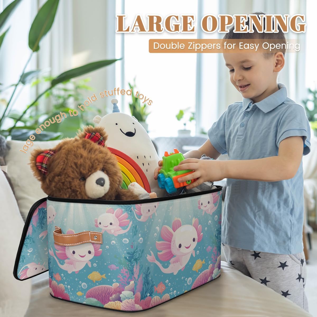 Cartoon Axolotl Storage Box | Foldable Fabric Organizer with Lid and Handles | Kids Toy, Book, Clothes, and Towel Bin