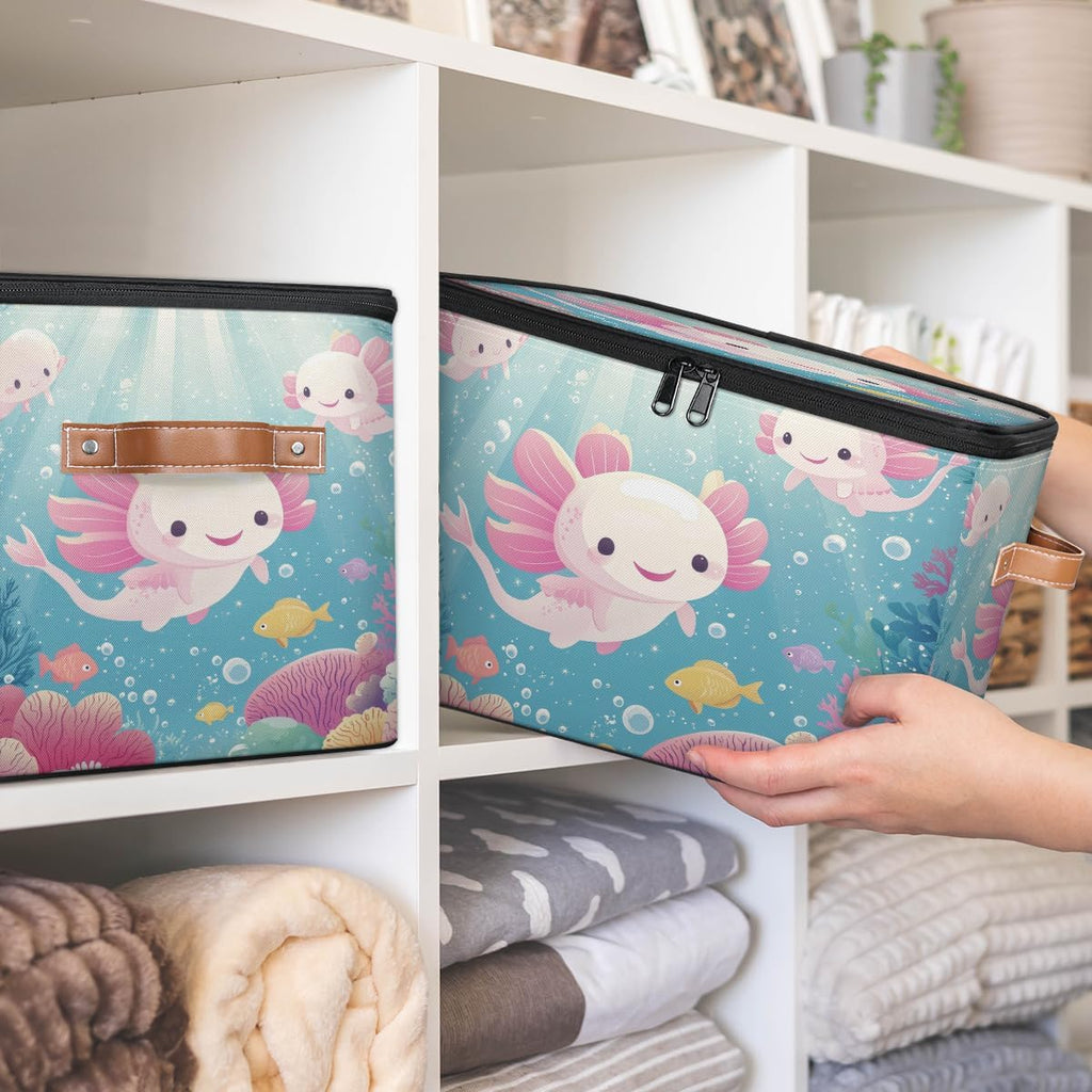 Cartoon Axolotl Storage Box | Foldable Fabric Organizer with Lid and Handles | Kids Toy, Book, Clothes, and Towel Bin