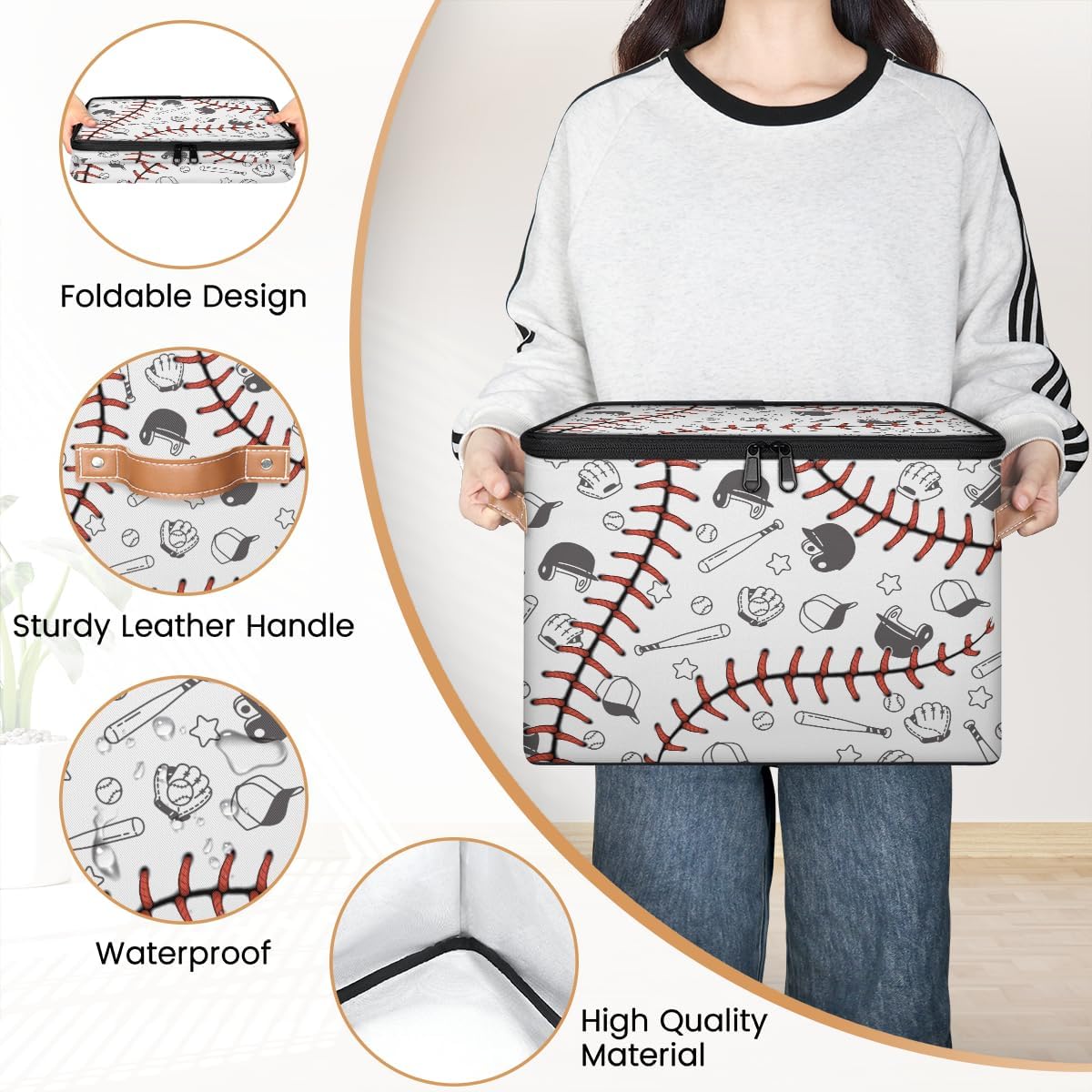 Baseball Print Storage Box | Large Fabric Foldable Organizer Bin with Zipper Lid and Handles | Toy, Book, Clothes, and Towel Storage