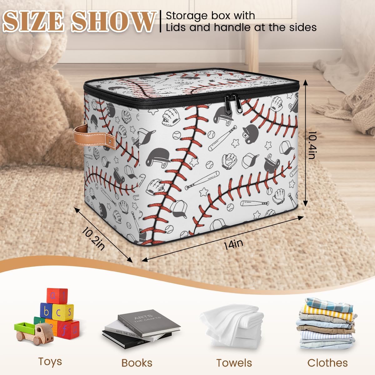 Baseball Print Storage Box | Large Fabric Foldable Organizer Bin with Zipper Lid and Handles | Toy, Book, Clothes, and Towel Storage