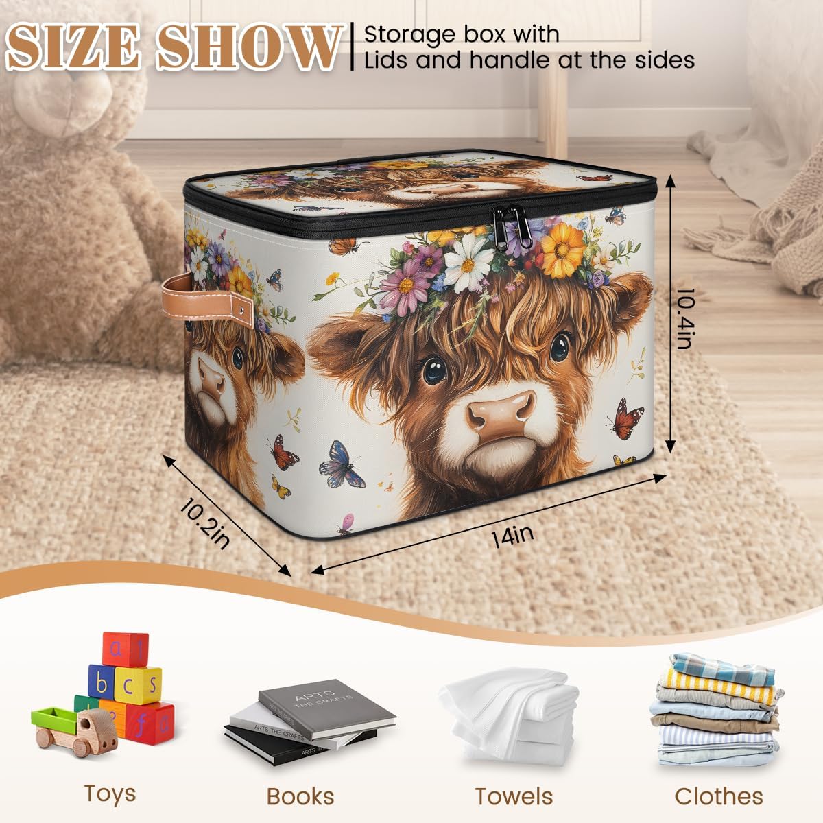 Cute Highland Cow Storage Box | Multi-Purpose Organizer with Zipper Lid & Side Handles | Storage Bin for Toys, Books, Clothes
