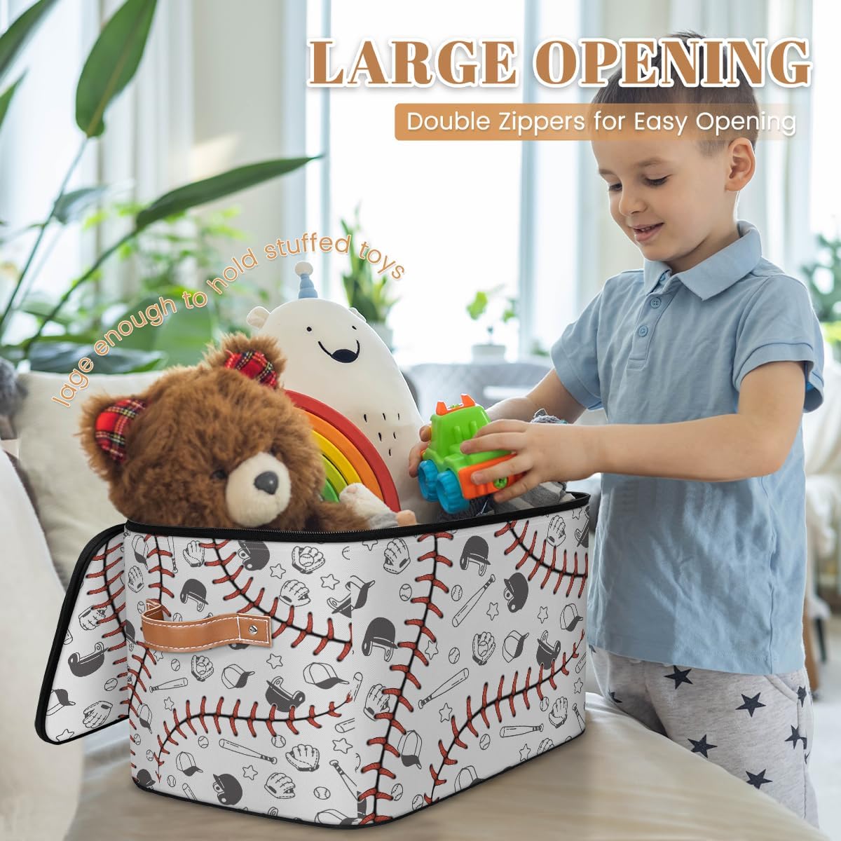 Baseball Print Storage Box | Large Fabric Foldable Organizer Bin with Zipper Lid and Handles | Toy, Book, Clothes, and Towel Storage