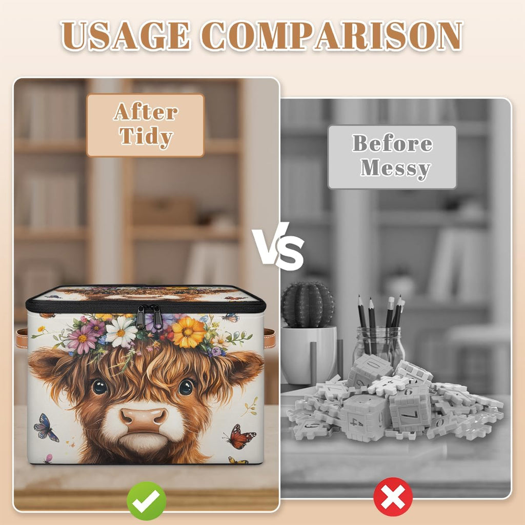 Cute Highland Cow Storage Box | Multi-Purpose Organizer with Zipper Lid & Side Handles | Storage Bin for Toys, Books, Clothes