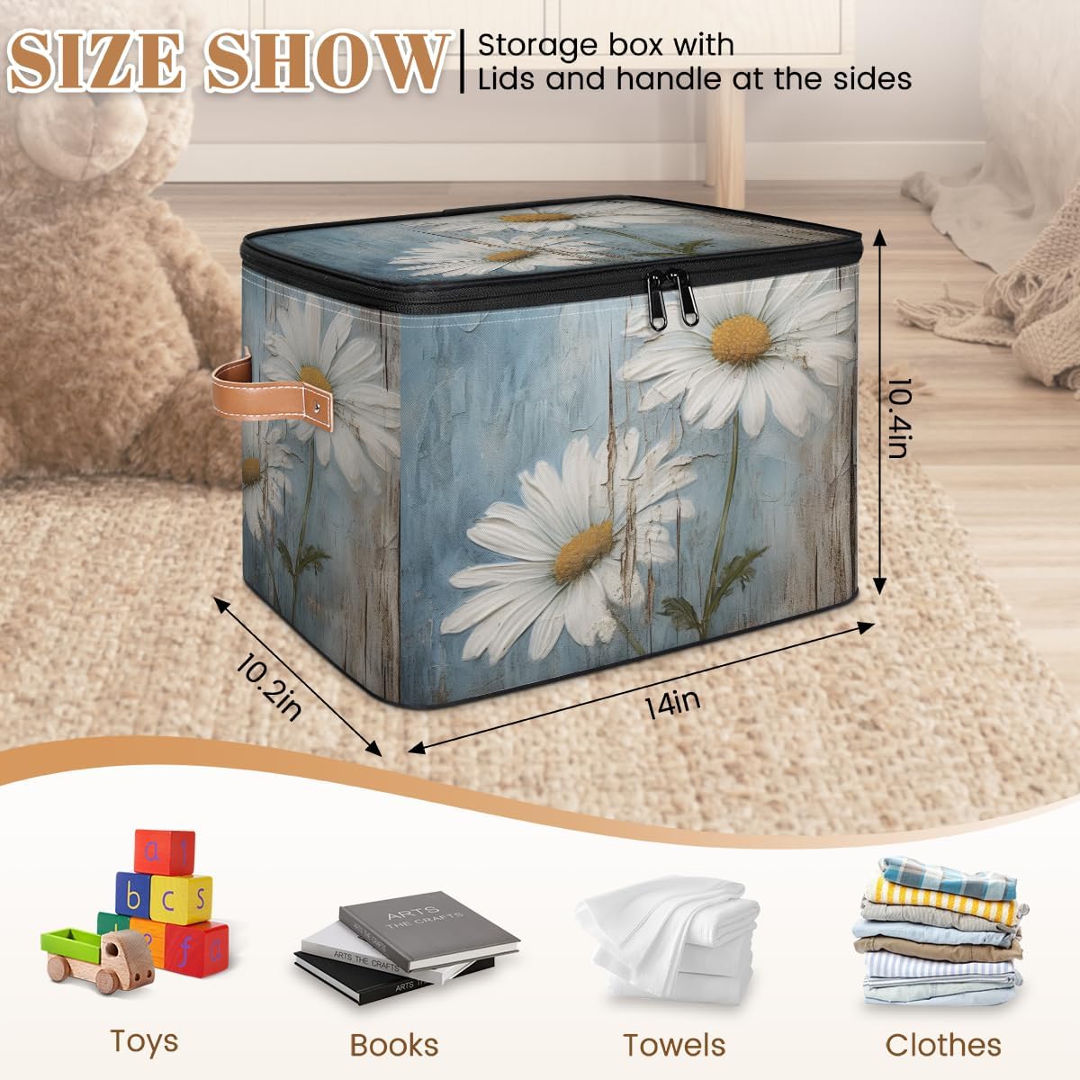 Floral Storage Box with Daisy Print — Fabric Organizer with Zipper Lid & Side Handles, Large Capacity