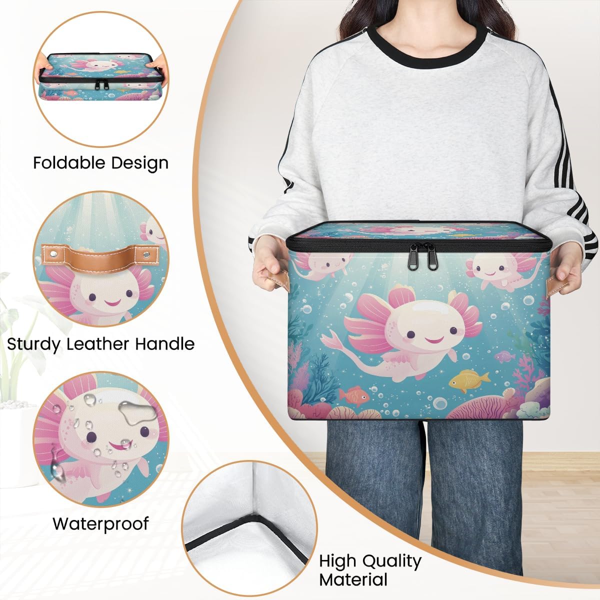 Cartoon Axolotl Storage Box | Foldable Fabric Organizer with Lid and Handles | Kids Toy, Book, Clothes, and Towel Bin