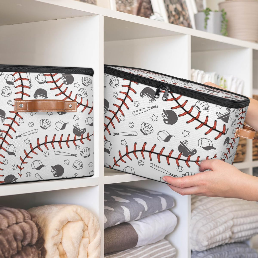 Baseball Print Storage Box | Large Fabric Foldable Organizer Bin with Zipper Lid and Handles | Toy, Book, Clothes, and Towel Storage