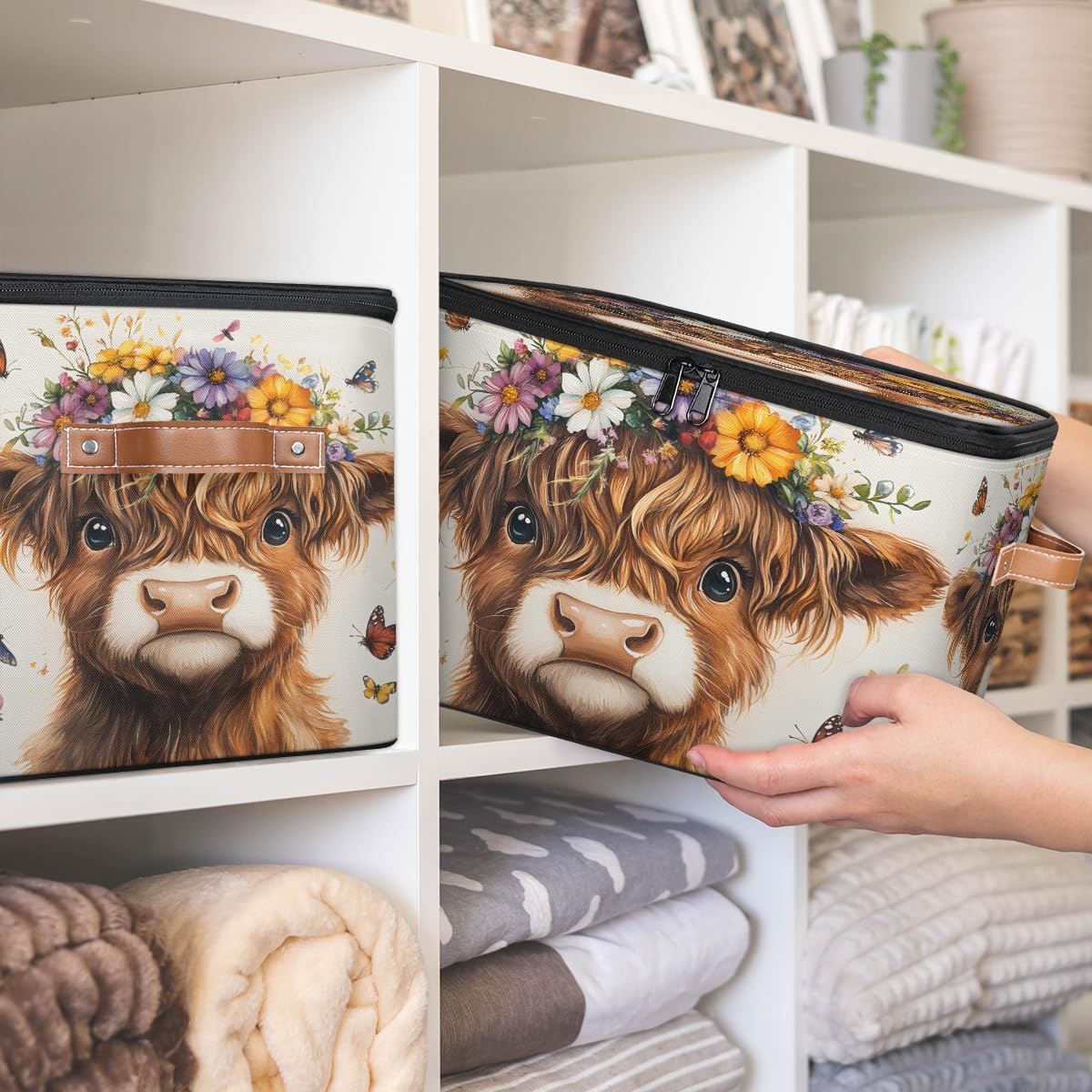 Cute Highland Cow Storage Box | Multi-Purpose Organizer with Zipper Lid & Side Handles | Storage Bin for Toys, Books, Clothes
