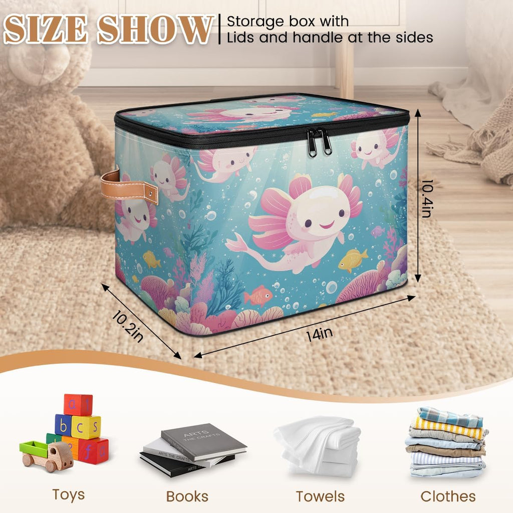 Cartoon Axolotl Storage Box | Foldable Fabric Organizer with Lid and Handles | Kids Toy, Book, Clothes, and Towel Bin