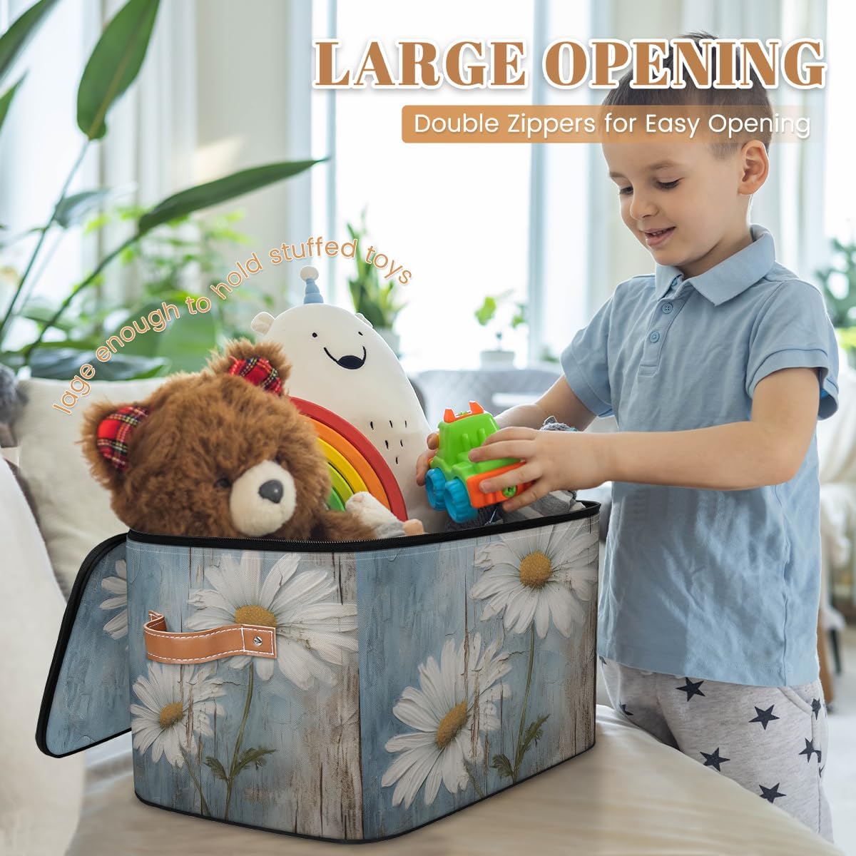 Floral Storage Box with Daisy Print — Fabric Organizer with Zipper Lid & Side Handles, Large Capacity
